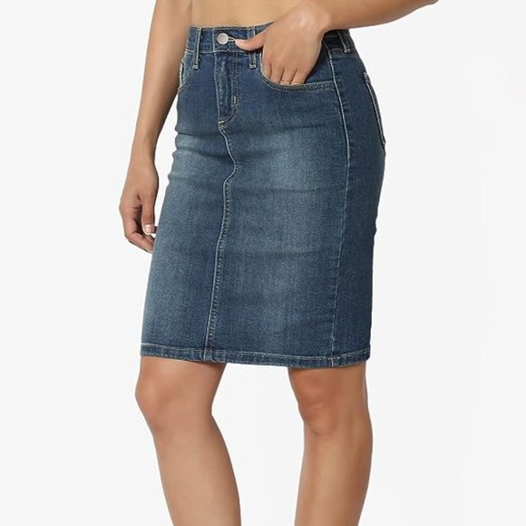 TheMogan Women's Butt Lift Washed Blue Jean Pencil Midi Soft Denim Skirt Light - Picture 1 of 7